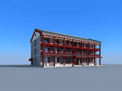 Multi story Traditional Ancient Chinese Architecture With Red Columns Grey Walls And Blue Sky 3d model