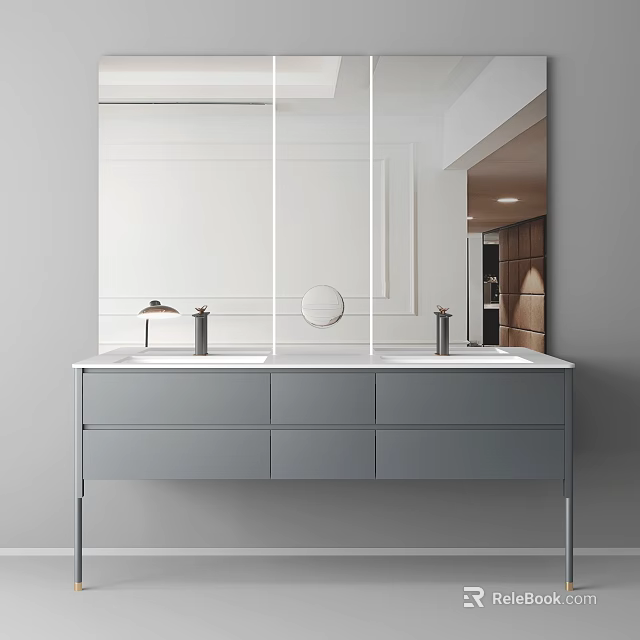 Sleek Modern Gray Bathroom Vanity With Double Sinks Large Mirror And Drawer Design 3d model