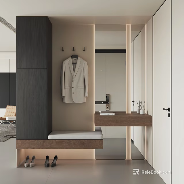 Modern Minimalist Entryway Hallway With Coat Hooks Mirror Bench And Console Table 3d model