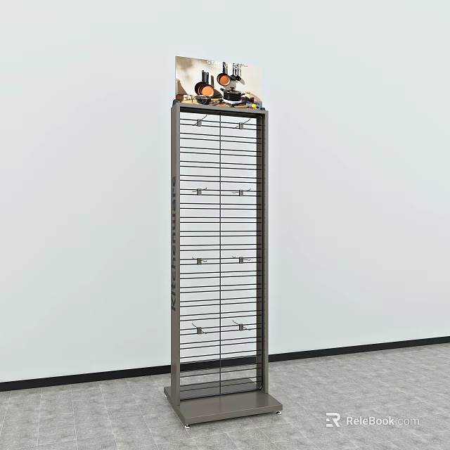 Metal Vertical Display Shelf with Horizontal Bars and Items on Top 3d model 