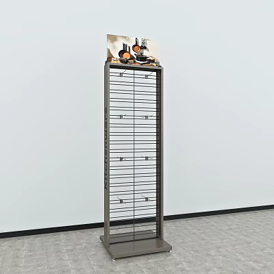 Metal Vertical Display Shelf with Horizontal Bars and Items on Top 3d model