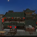 Cartoon Scene of Traditional Chinese Ancient Street at Night With Red Lanterns and Classic Architecture