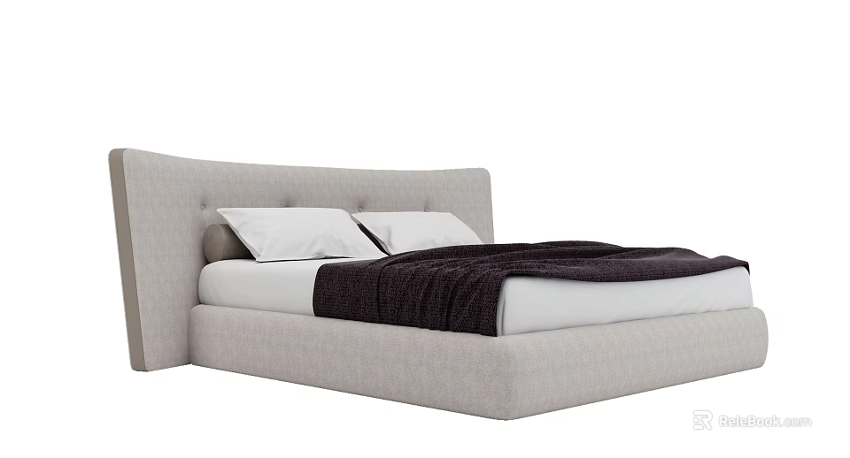 Light Gray Upholstered Double Bed With White Pillows And Dark Blanket 3d model