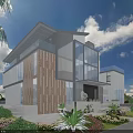 Modern Detached Villa With Glass Curtain Wall Green Lawn Palm Trees And Outdoor Lounge Area