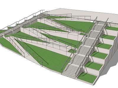 Modern Commercial Landscape Design With Terraced Lawns Stone Stairs And Railings 3d model