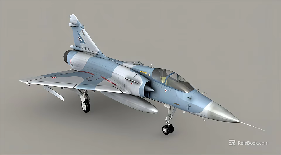 Light Blue And Gray Fighter Jet With Sharp Nose Cockpit And Extended Landing Gear 3d model 