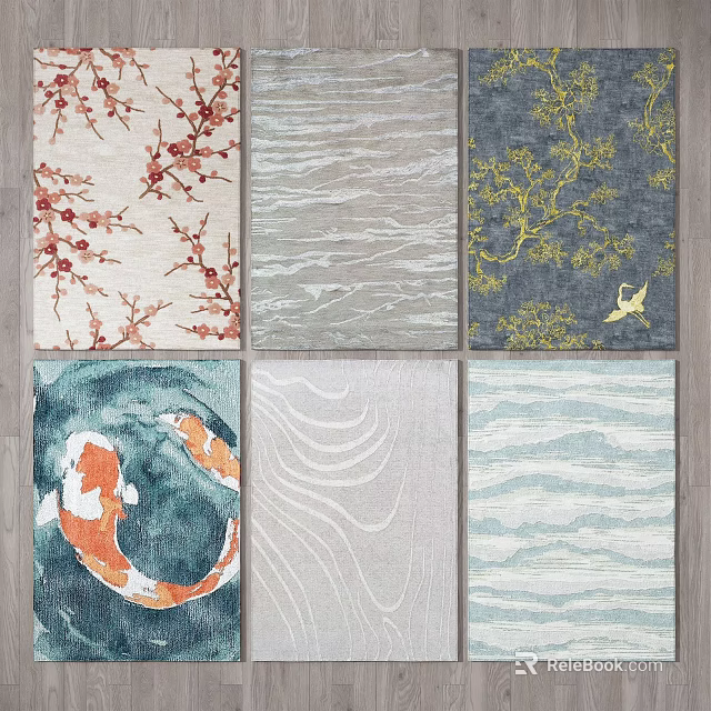 Stylish Square Rugs With Assorted Patterns Including Floral Waves And Koi Fish 3d model