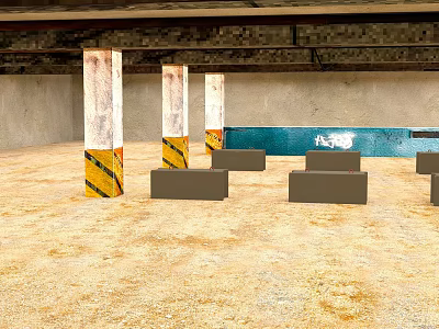Cartoon Indoor Scene With Pillars Yellow Black Striped Bases Yellow Floor Gray Blocks Blue Area 3d model