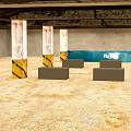 Cartoon Indoor Scene With Pillars Yellow Black Striped Bases Yellow Floor Gray Blocks Blue Area