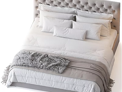 Modern Double Bed Interior Design With Tufted Headboard White Bedding Pillows And Gray Fringe Throw 3d model