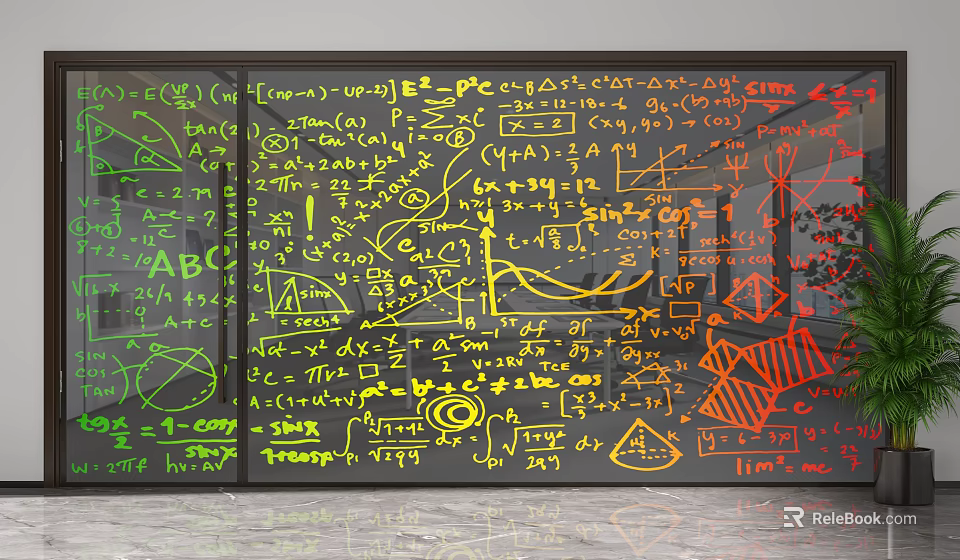 Glass Partition With Math Formulas Charts And Colorful Doodles For Office Space 3d model 