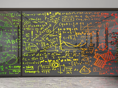 Glass Partition With Math Formulas Charts And Colorful Doodles For Office Space 3d model
