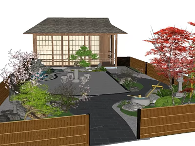 Japanese Garden Courtyard With Wooden Pavilion Red Maple Cherry Blossom Trees Stone Path Water Feature 3d model