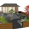 Japanese Garden Courtyard With Wooden Pavilion Red Maple Cherry Blossom Trees Stone Path Water Feature