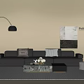 Poliform Modern Black Leather Sofa With Marble Coffee Table Striped Rug And Floor Lamp