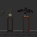 Four Wooden Plant Stands With Bonsai And Decorative Plants Against Gray Wall
