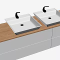 Two White Square Washbasins On Wooden Countertop With White Cabinet Below