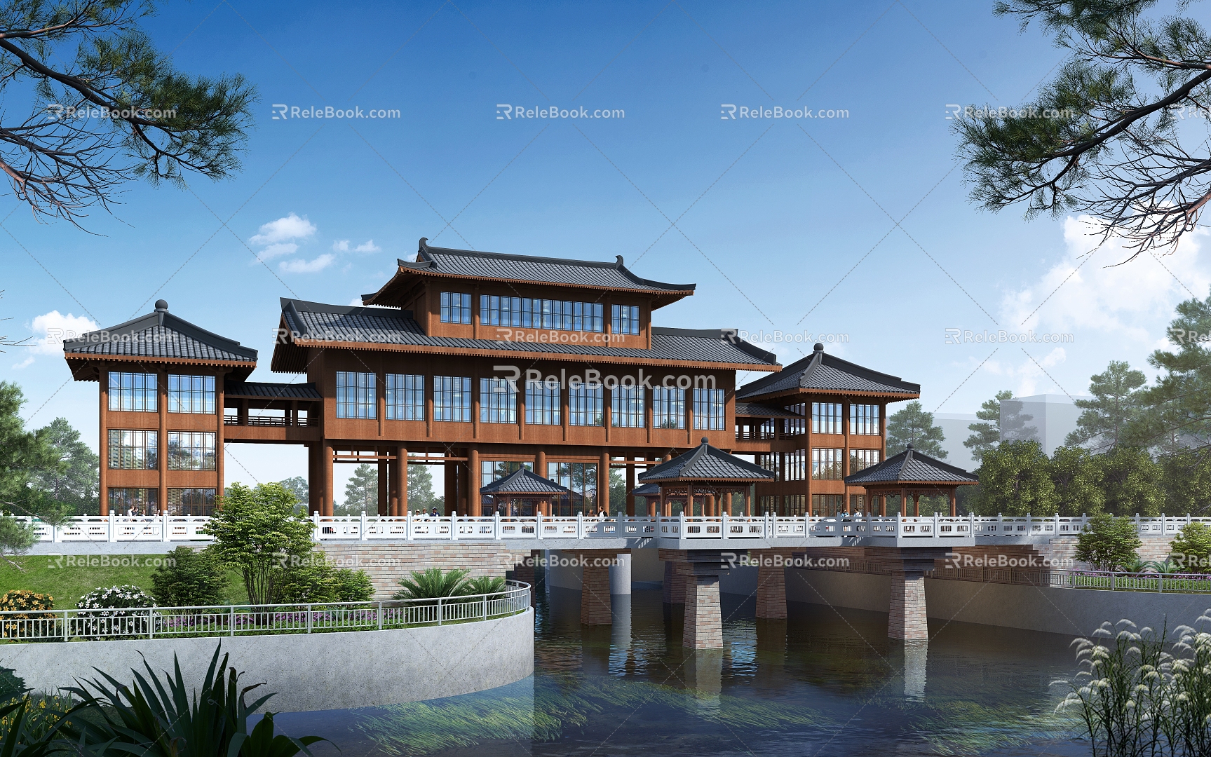 New Chinese-style Corridor Bridge Road Bridge Building Corridor Building River Bank 3d model