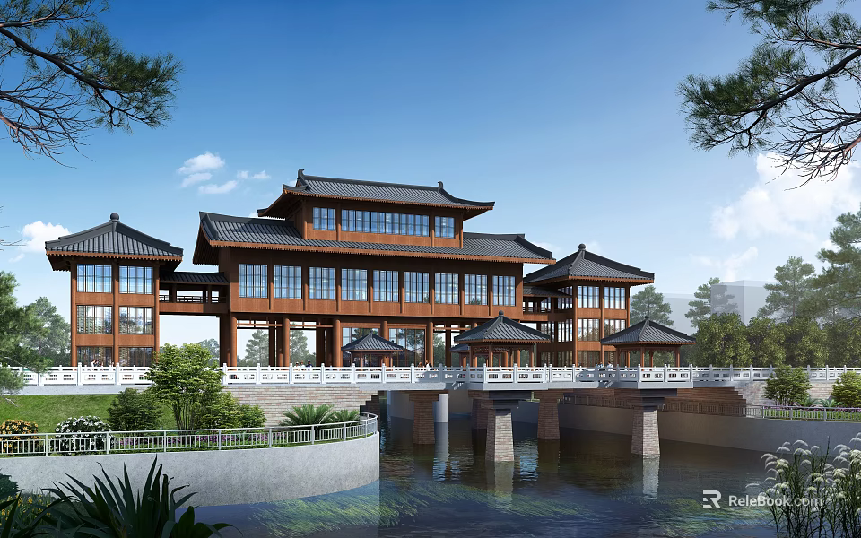 Traditional Chinese Stone Bridge Linking Ancient Style Buildings Over Scenic Water With Lush Greenery 3d model 