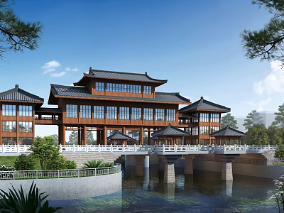 Traditional Chinese Stone Bridge Linking Ancient Style Buildings Over Scenic Water With Lush Greenery 3d model