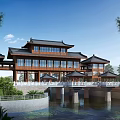 Traditional Chinese Stone Bridge Linking Ancient Style Buildings Over Scenic Water With Lush Greenery