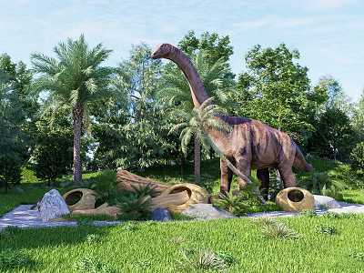 Large Prehistoric Reptile in Lush Green Forest with Palm Trees Rocks And Nest Structures 3d model