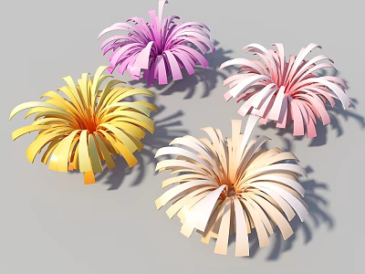 Four Colorful Paper Flowers In Different Colors Yellow Pink Purple Beige With Radial 3D Design 3d model