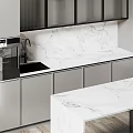Modern Minimalist Kitchen Interior With Glass Door Cabinets And Marble Countertop