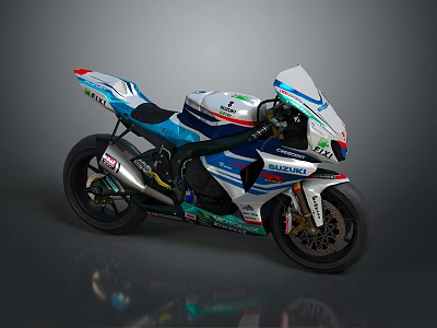 Suzuki Racing Motorcycle With White Blue Body Green Red Accents And Aerodynamic Design 3d model