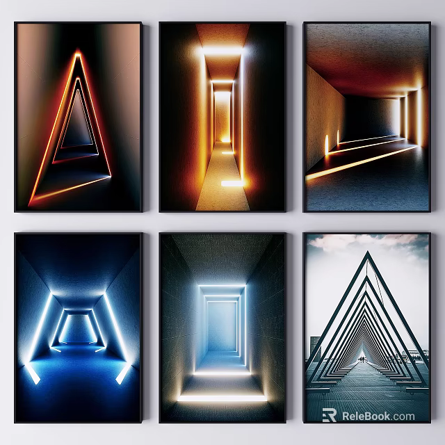 Framed Abstract Paintings With Geometric Shapes Neon Lights And Spatial Illusions 3d model 