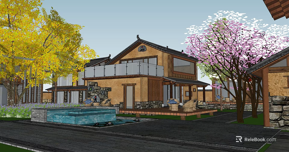 Traditional Modern Guesthouse Building With Wooden Exterior Water Pool And Landscape Trees 3d model 