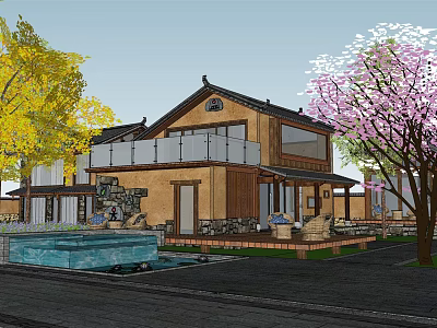 Traditional Modern Guesthouse Building With Wooden Exterior Water Pool And Landscape Trees 3d model