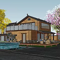 Traditional Modern Guesthouse Building With Wooden Exterior Water Pool And Landscape Trees
