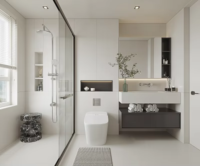 Modern Bathroom Interior With Glass Shower Wall Mounted Toilet Marble Vanity And Mirror 3d model
