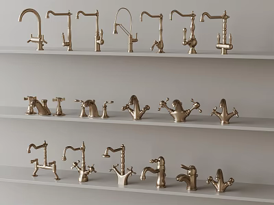 Assorted Brass Faucet Styles Displayed on Multiple White Shelves in Showroom 3d model