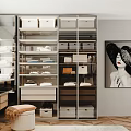 Modern Walk In Closet Interior Design With Hanging Clothes Storage Boxes And Shelves