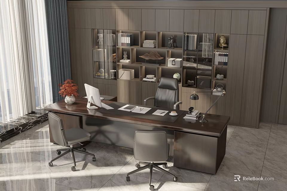 Modern Wooden Office Desk Interior With Ergonomic Chairs Monitor And Glass Door Bookshelves 3d model 
