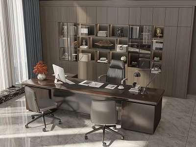 Modern Wooden Office Desk Interior With Ergonomic Chairs Monitor And Glass Door Bookshelves 3d model