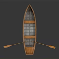 Wooden Canoe With Wooden Seats And Paddles On Dark Background With Reflection