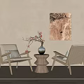 Lounge Chairs With Wooden Side Table Vase Decorative Branches And Abstract Painting On Neutral Wall