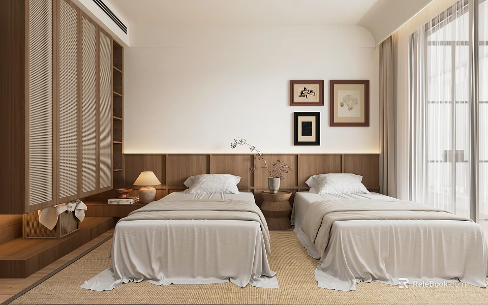 Serene Bedroom Interior With Two Beds Wooden Headboard Wall Art Woven Carpet And Wooden Shelves 3d model 
