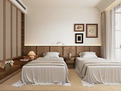 Serene Bedroom Interior With Two Beds Wooden Headboard Wall Art Woven Carpet And Wooden Shelves 3d model