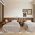 Serene Bedroom Interior With Two Beds Wooden Headboard Wall Art Woven Carpet And Wooden Shelves