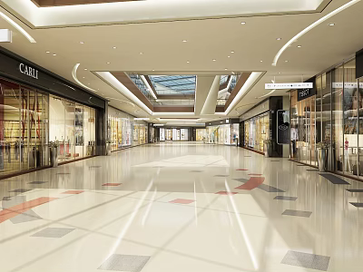Spacious Modern Shopping Mall Lobby With Glass Storefronts And Floor Pattern 3d model