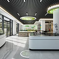 Modern Spacious Hall Interior With White Counters Black Slatted Ceiling And Circular Green Lights 3d model