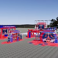 Red And Blue Stage Structure With Audience Seats And Multiple Areas Setup 3d model