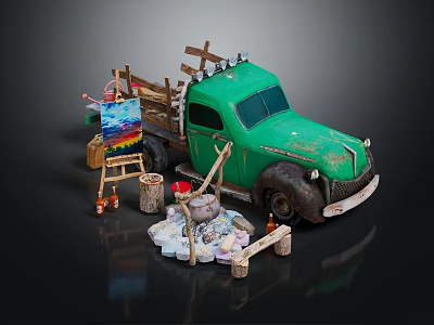 Green Vintage Truck With Easel Canvas Paint Buckets And Wood Logs Around 3d model