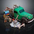 Green Vintage Truck With Easel Canvas Paint Buckets And Wood Logs Around