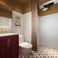 Contemporary Bathroom Interior With White Tiled Walls Dark Red Cabinet Mirror And Red Patterned Floor