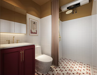 Contemporary Bathroom Interior With White Tiled Walls Dark Red Cabinet Mirror And Red Patterned Floor 3d model